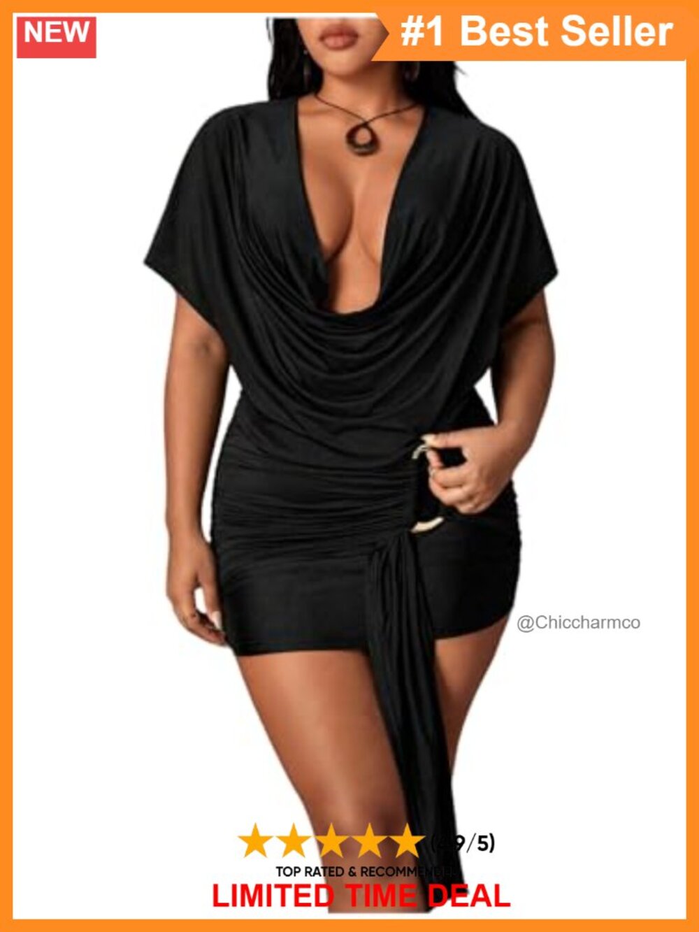 Plus Size Mini Dress Draped Cowl Neck Short Sleeve Bodycon Party Club